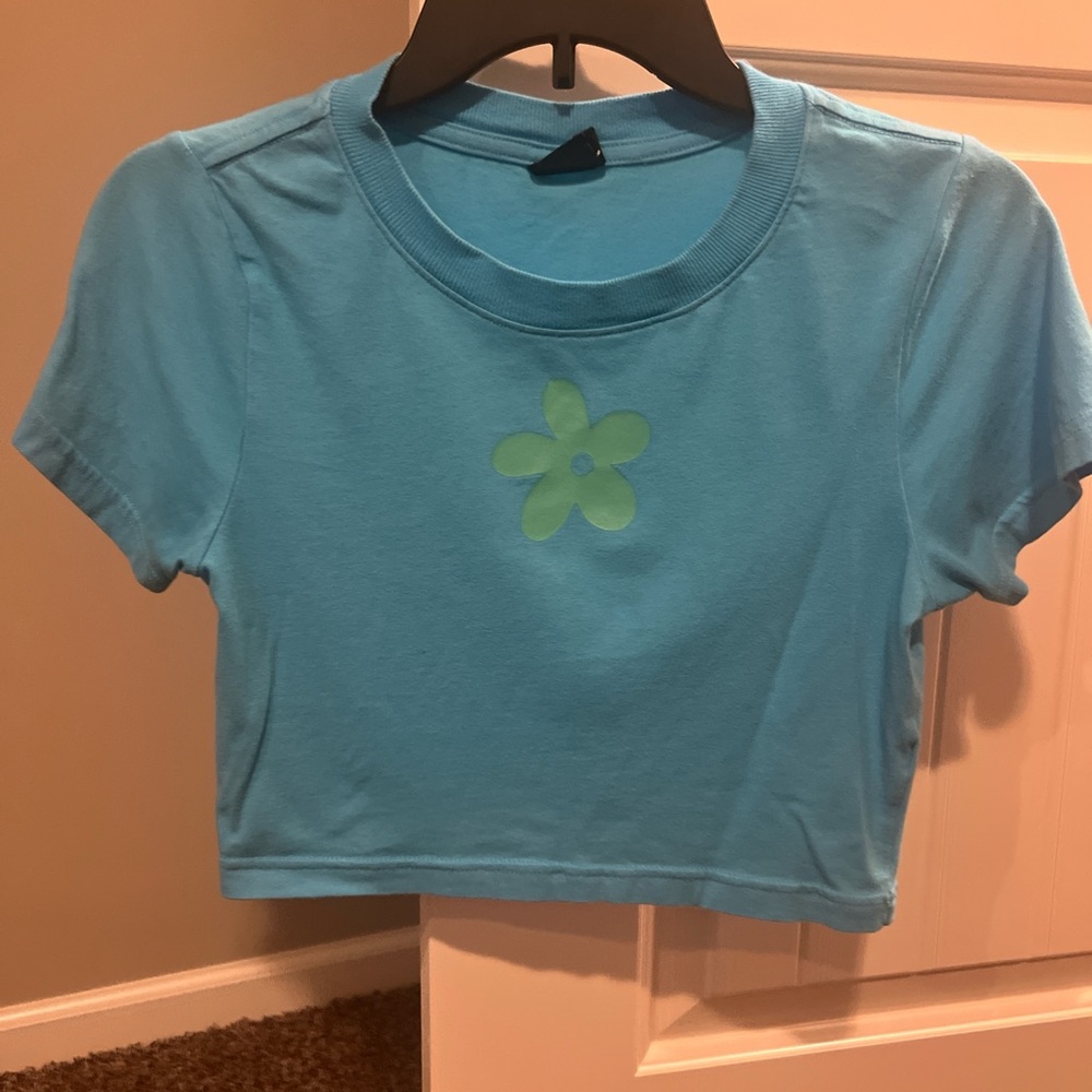 Blue Kids Shirt with Green Flower Design